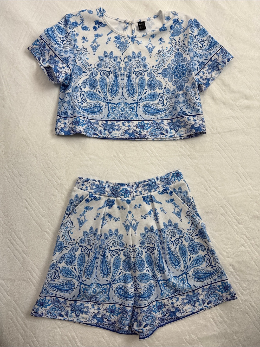 SHEIN Blue and White Paisley Crop Top and Shorts Set